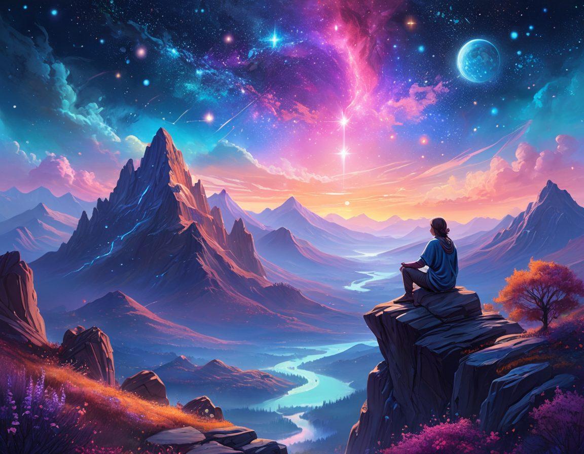 A serene and ethereal landscape featuring a starry night sky with vibrant constellations representing different zodiac signs. In the foreground, a meditative figure sits cross-legged on a mountain peak, surrounded by glowing orbs of wisdom and energy. The image should evoke a sense of tranquility and enlightenment, with soft colors blending into the night. mystical elements like wisps of light and cosmic patterns should flow around the scene. digital painting. ethereal. vibrant colors.