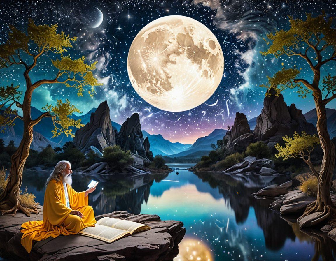 A mystical landscape featuring a starry night sky filled with constellations, with a wise sage consulting an astrological chart under the glow of a full moon. Surround the scene with various zodiac symbols and celestial bodies, symbolizing navigation through life's challenges. Include a serene river flowing through, representing the journey of self-discovery. mystical realism. vibrant colors. ethereal atmosphere.