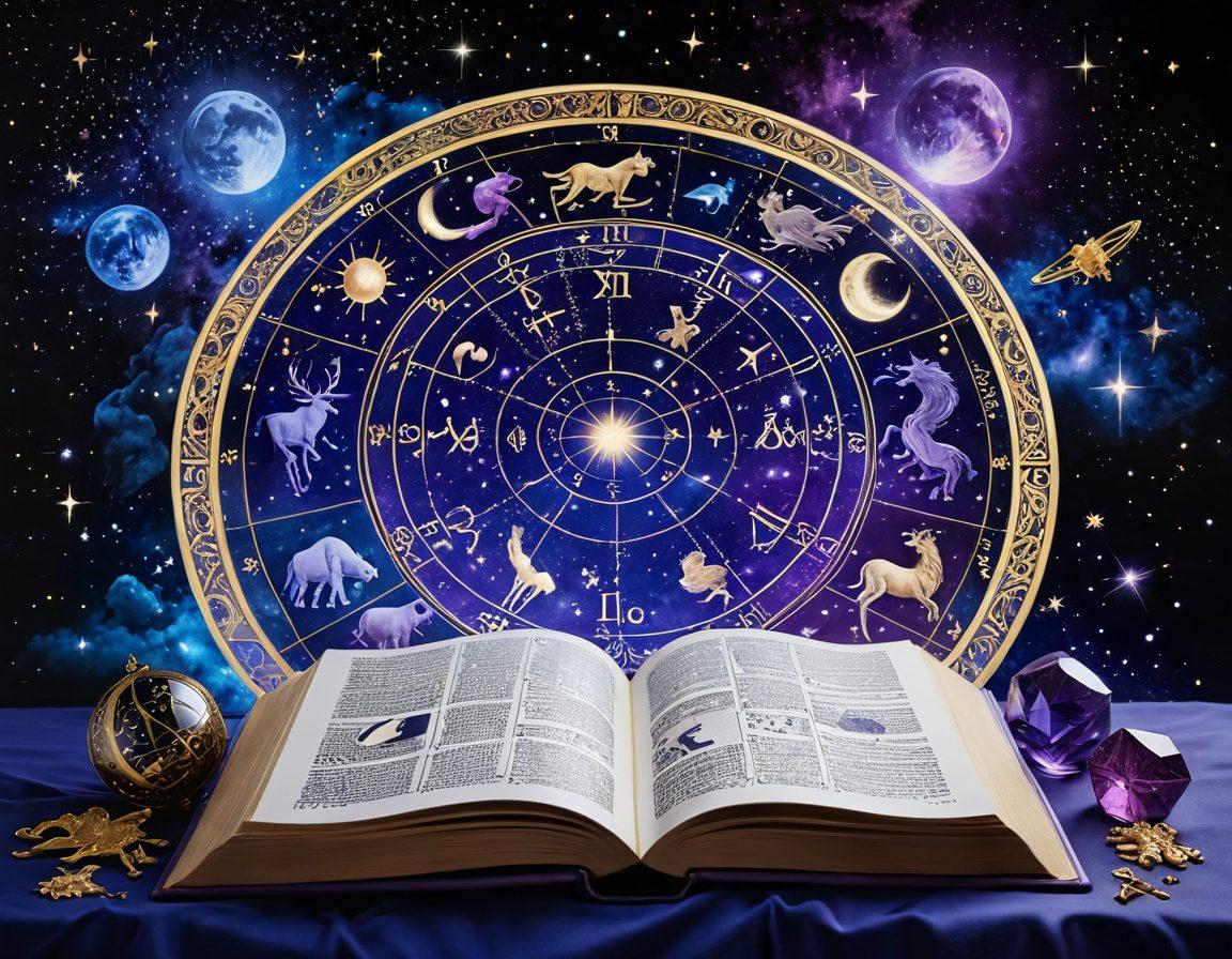 A celestial scene depicting the twelve zodiac signs represented by vibrant constellations in a night sky filled with twinkling stars. In the foreground, an open astrology book with glowing symbols for each sign, surrounded by mystical elements like crystals and astrological charts. The colors should be deep blues and purples with shimmering gold accents to reflect the magic of the universe. surrealistic. vibrant colors. starry background.